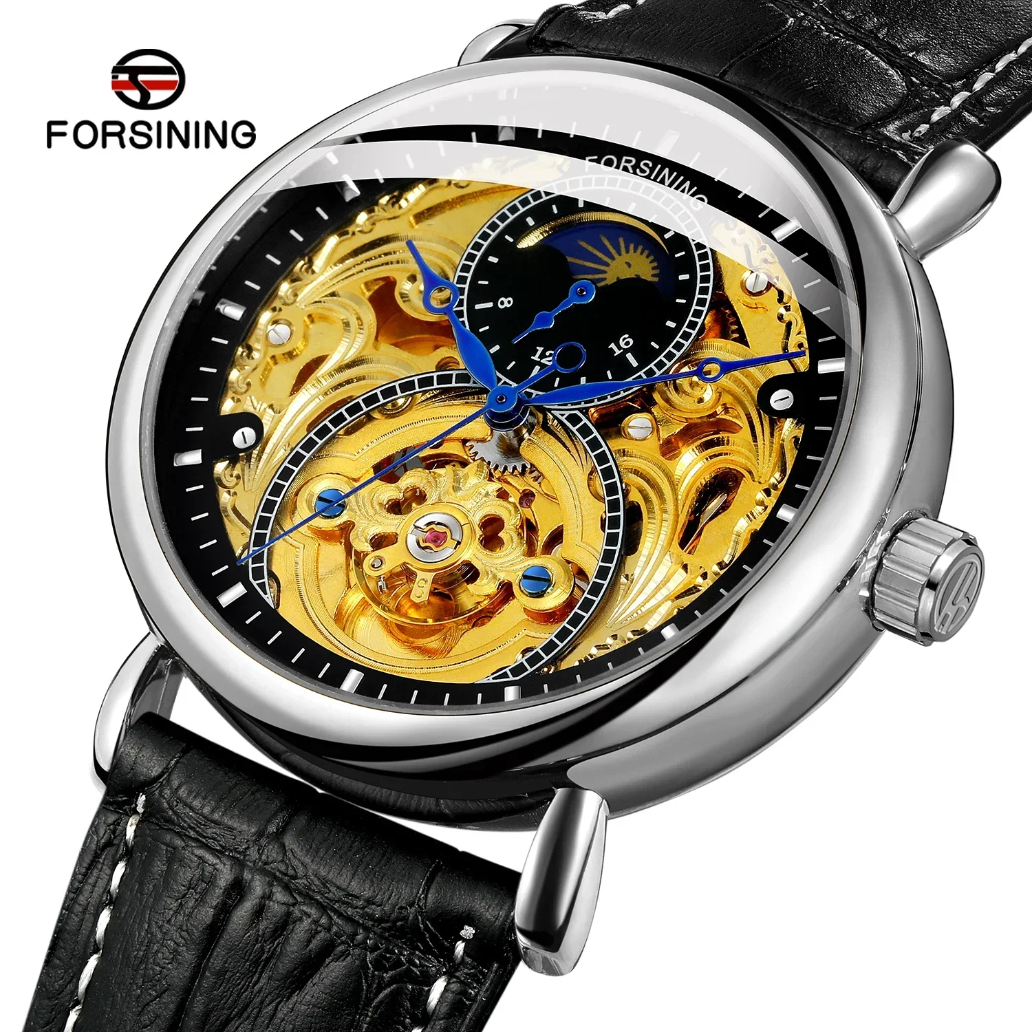 FORSINING 8177 Business Hollow Moon Phase Tourbillon Automatic Movement Luminous Waterproof Leather Watches for Man Reloj Hombre