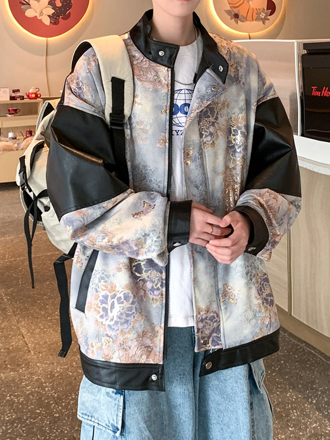Новое китайское пальто в стиле пэчворк с цветочным принтом, мужское осеннее кожаное пальто высокого дизайна, модная молодежная повседневная одежда на открытом воздухе