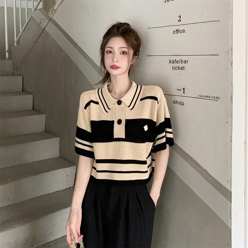 Office Lady Knitting Short Sleeve Shirts Ladies Fashion Striped Tops Summer Temperament Blouses All-match 2024 Women\'s Clothing