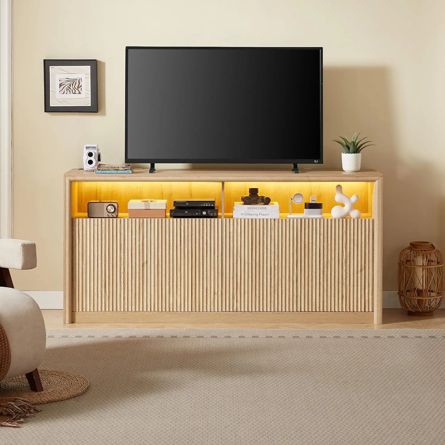 Wooden TV Stand with LED Light Strip & Power Outlets