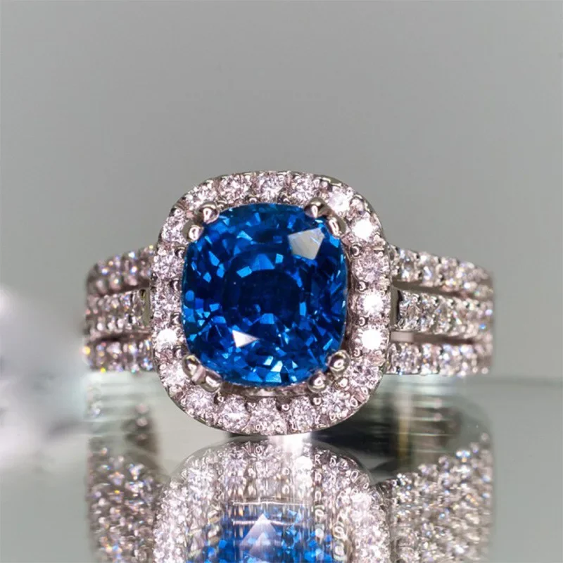 Luxury Female Rings 925 Sterling Silver Heart Arrow Blue Square Zircon Rings for Women Promise Love Bridal Wedding Band Jewelry