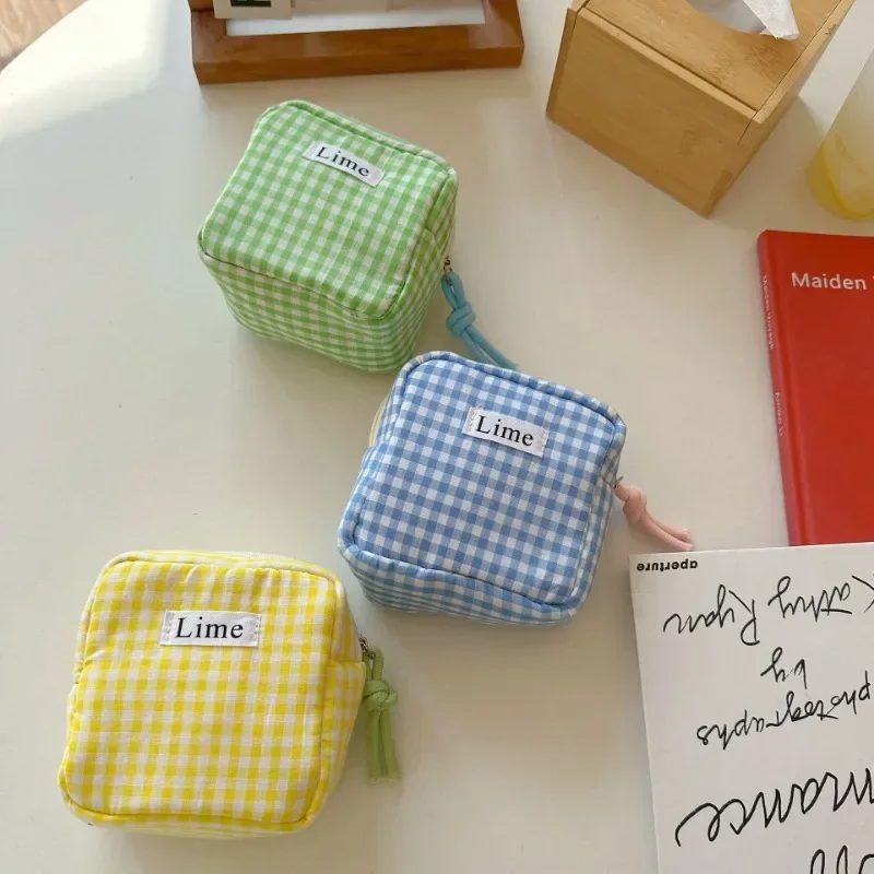 Square Plaid Cotton Storage Bags Sanitary Napkins Oganzier Pouch Bags Students Portable ID Credit Keys Toiletry Storage Bags