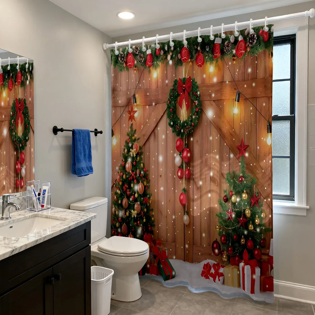 1pc Christmas Tree Wreath Print Waterproof Shower Curtain Partition Privacy Hanging Curtain 12 Hooks Multiple Sizes