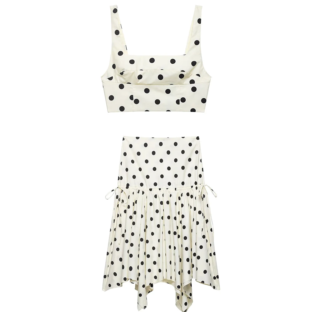 

Spring New Product Women's Square Collar Strap Wave Dot Short Top High Waist slimming A-line Cake Skirt Set