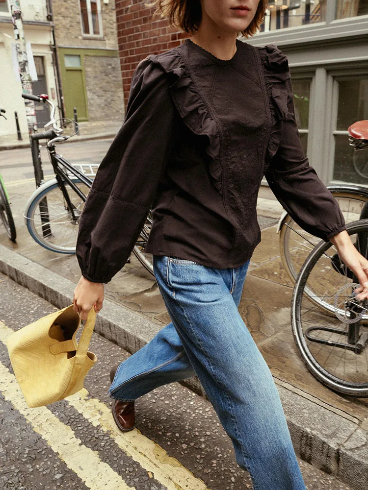 جديد 2025 الخريف فضفاض الأزهار التطريز irt الملابس النسائية المرحلة العرقية زي واسعة Sve زر حتى أعلى