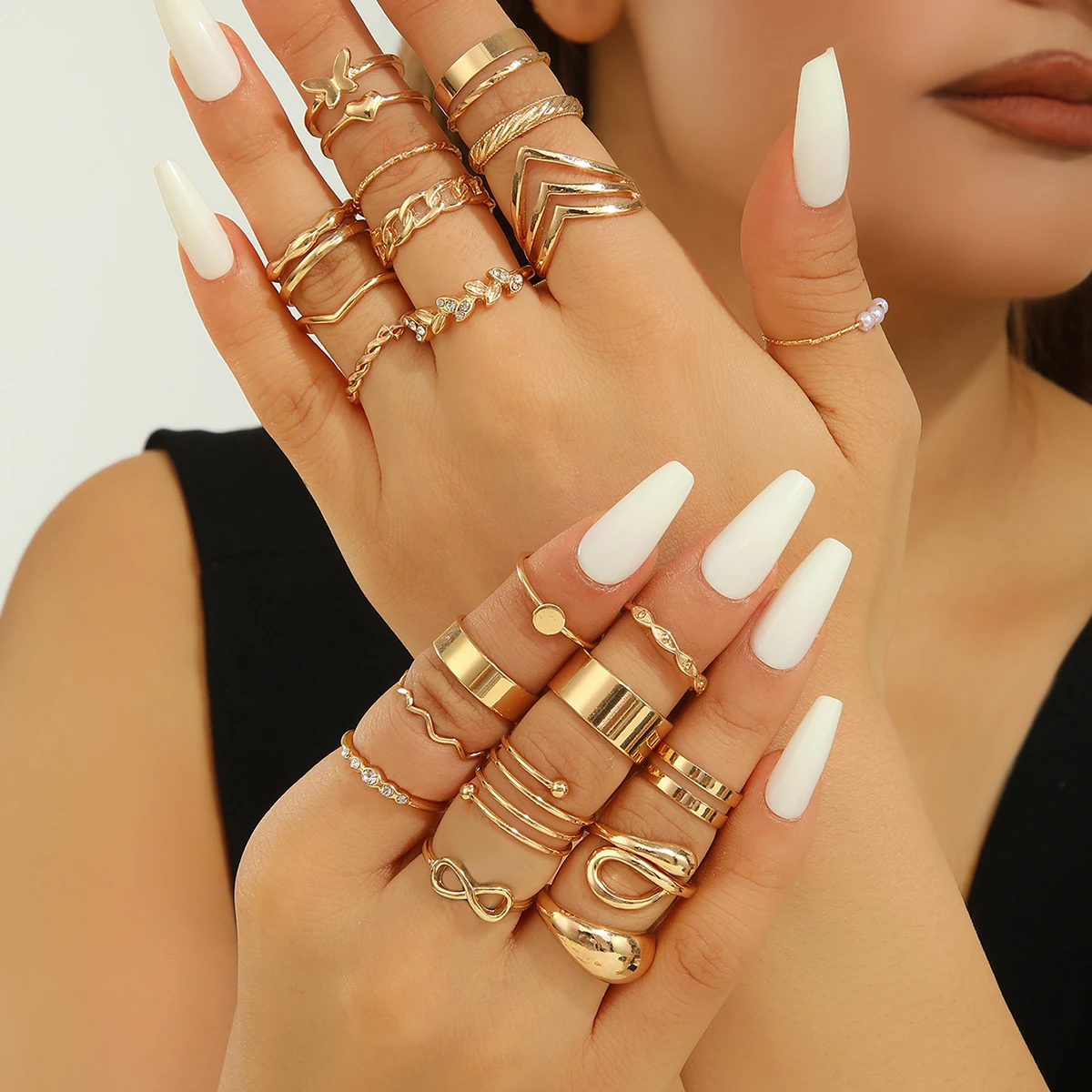 مجموعة خواتم نسائية كلاسيكية على شكل نجمة القمر على شكل ثعبان مجوفة مكونة من 25 قطعة