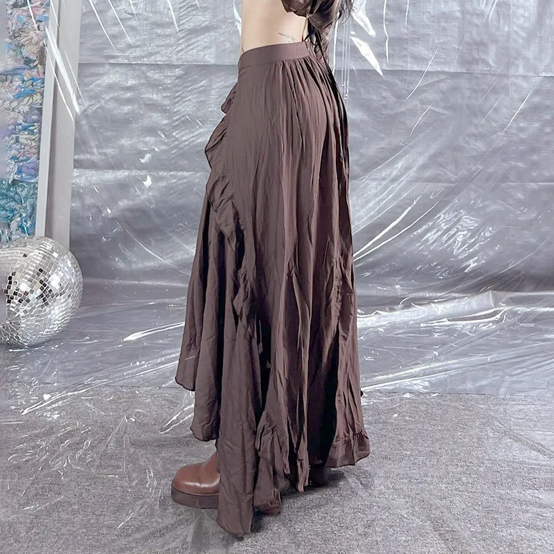 Saia midi longa com design de aba de orelha de madeira irregular estilo vintage para mulheres – Novo estilo versátil