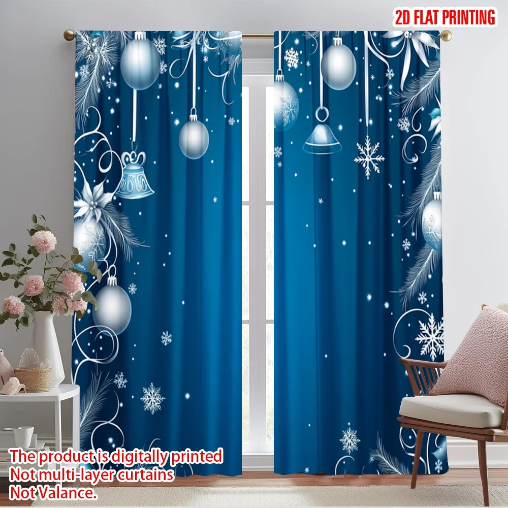 2pcs,2D plane printing Print Curtains Blue Christmas Ornaments Snowflakes Versatile Polyester (without rod) Outdoor Decorations