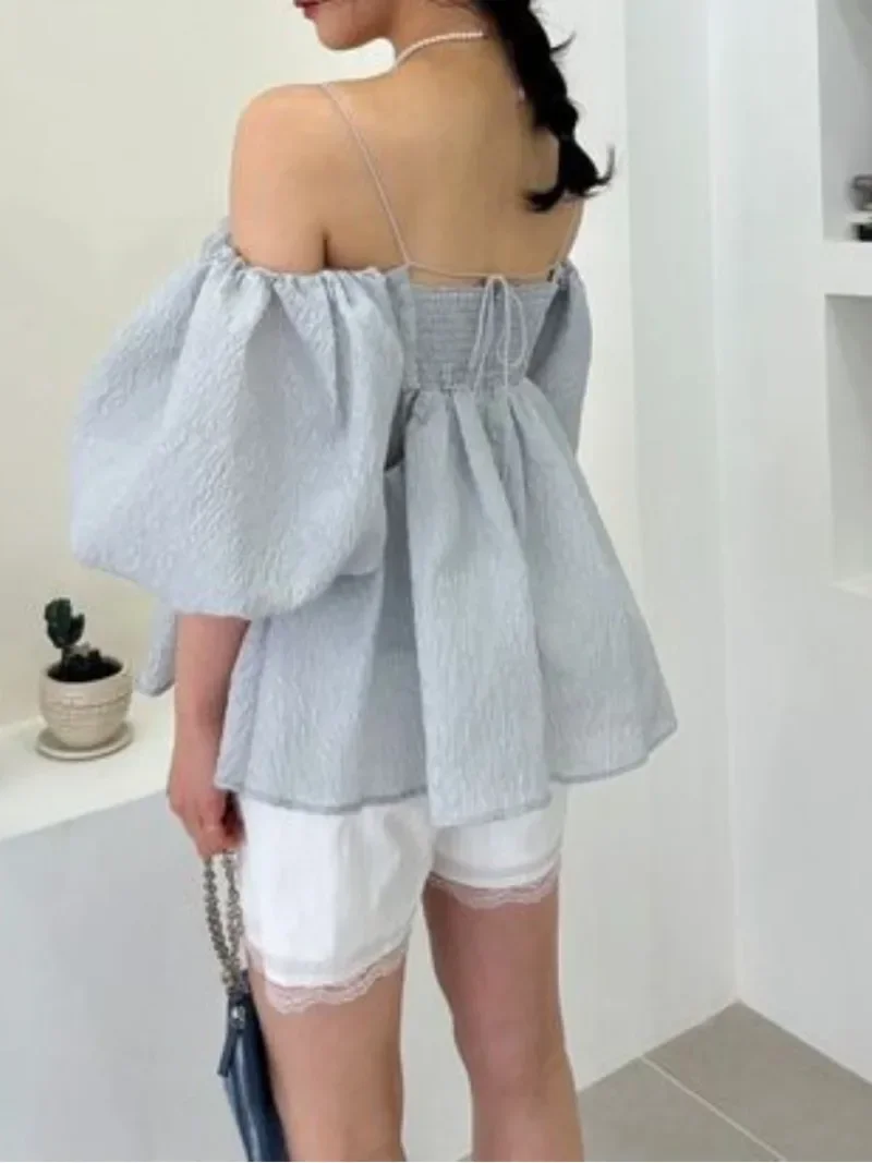 Off Shoulder Hemdjes Japan Jacquard Shirts En Blouses Bladerdeeg Korte Mouw Blusas Twee Manieren Dragen Ropa Mujer 2024 Zomer Nieuwe Tops