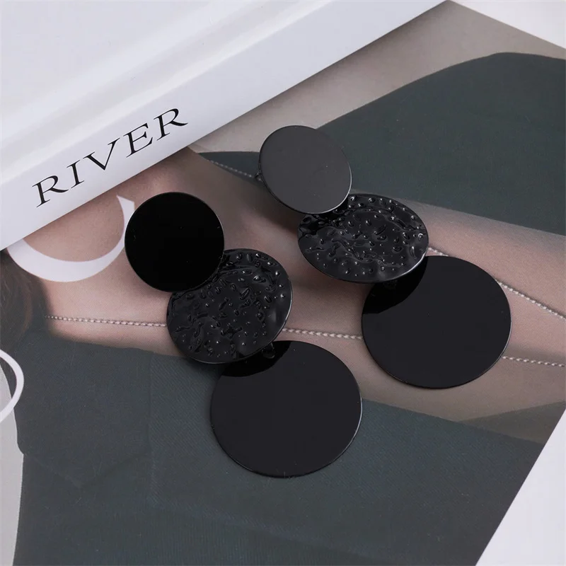 Personality Black Concave And Convex Surface Round Long Earrings Creative Geometric Irregular Circle Tassel Earrings Jewelry