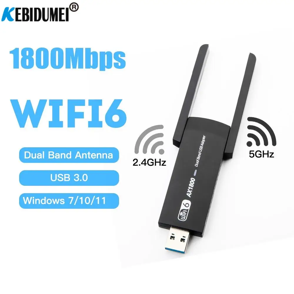 

1800Mbps Wifi 6 USB Adapter Wireless Wi-fi Dongle 2*2dBi Antenna Network Card 5G/2.4GHz High Gain WI FI6 Adaptor For Windows 11