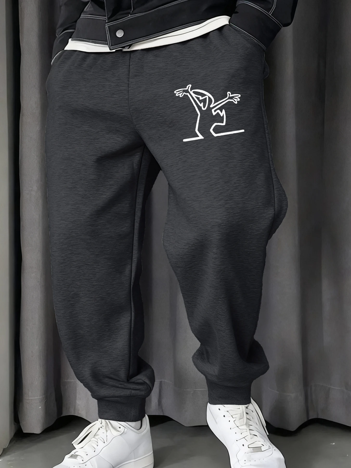 Happy Dancing Simple Line Printed Men's Sweatpant Casual Drawstring Pant Fashion Warm Britches Trendy Street Unisex Long Pants