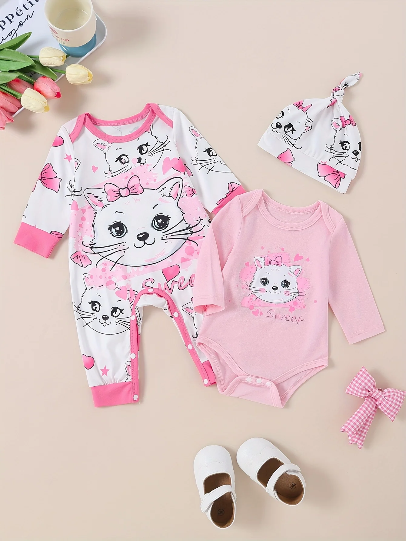 Baby Girl Cute Cat Print Crew Neck Romper with Splicing Cuffs Long Sleeve, Hat 3pcs Gift Box Set, Essential for Newborn