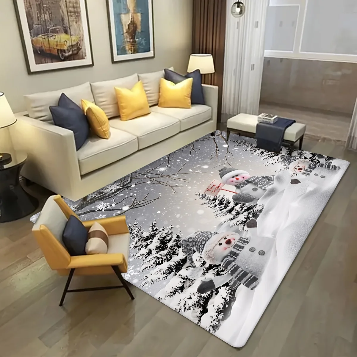 Grey Winter Snowman Christmas Area Rug Snowy Tree Bare Branch Snowflake Print Floor Mat Rustic Snow Scene Holiday Xmas Decor