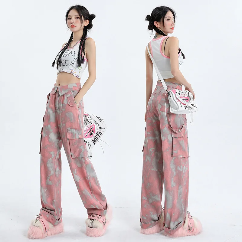 

Korean American Camouflage Workwear Pants Women Spicy Girl Design Loose Dragging Straight Y2K Pink Cargo Track Pants Baggy