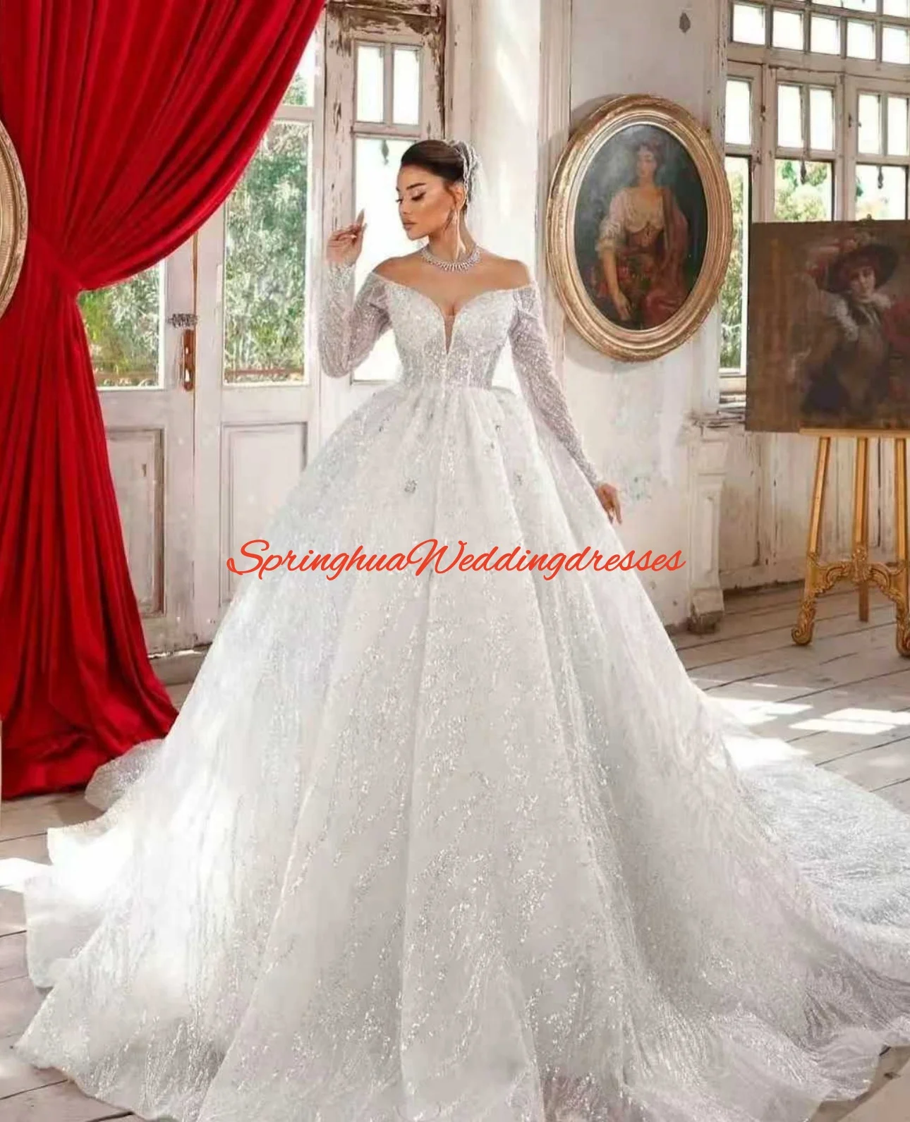 

Customized Elegant Wedding dresses V-Neck Long Sleeve puffy Ball Gown Women's Pearl embroidery Bride Vestido de novia