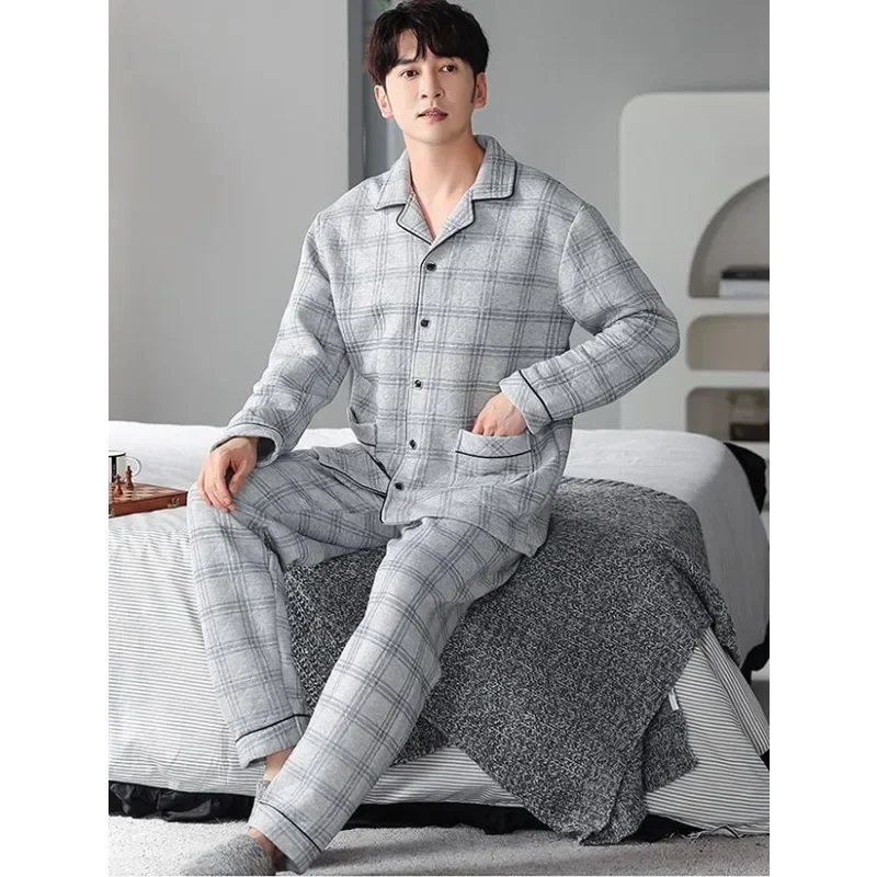 2025 New Pajama Men Autumn Winter Cotton Padded Sandwich Long-sleeved Loungewear Air Cotton Warm Homewear Suit V-neck Sleepwear