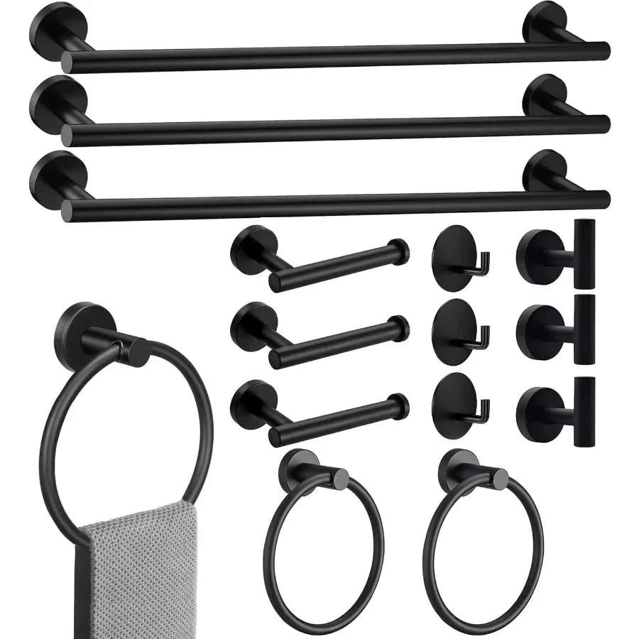15sets 23.6inch Matte Black Bathroom Hardware Set for Modern Bathroom Decor Includes 3PCS 23.6inch Towel Bar 3PCS Towel Ring 3P