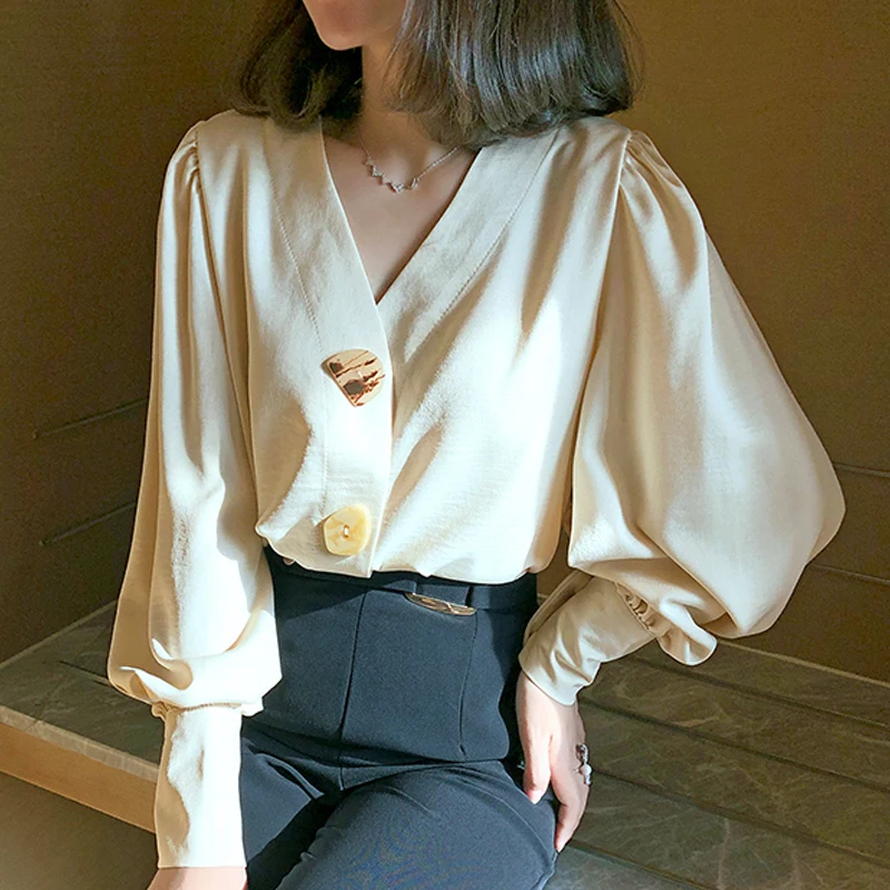 

camisas y blusas Elegant V-neck Long Lantern Sleeve Women's Shirt Casual Loose Chiffon Blouses Office Lady Button Tops chemise