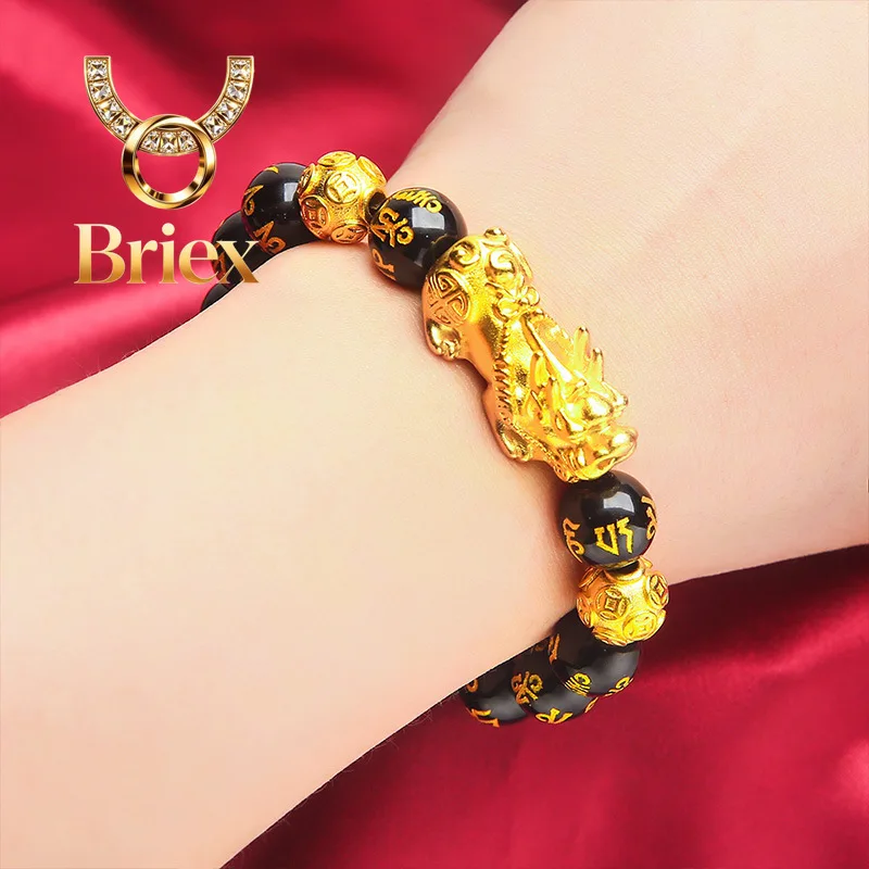 Briex Jewelry 24K Gold Lucky Pixiu Men's Bracelet, Couple AU999 - Pixiu Biting Coins + Beads Refraction, Wealthy CP Style, Trend