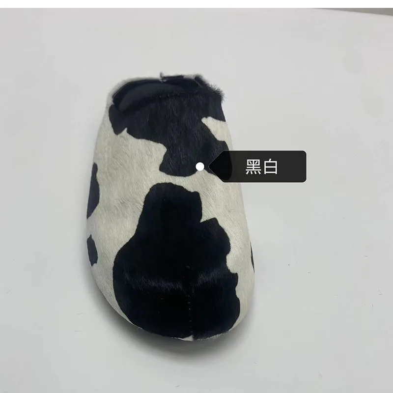 

Pony Hair Cow Pattern Slippers Round-Toed Casual Comfortable Flats Outdoor Wear Thick-Soled Large-Size Women Muller Shoes