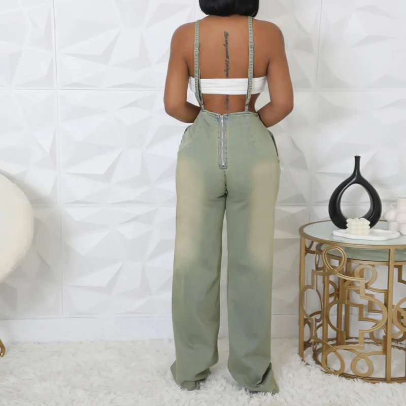 Slergiri 여성용 슬림 피트 신축성있는 워시 데님 전체 점프 슈트 streetwear 레트로 지퍼 백 포켓 올드 와이드 레그 점프 슈트