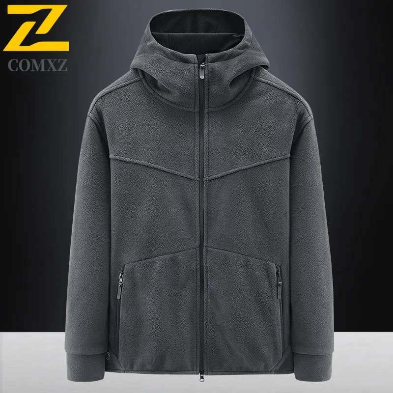 

COMXZ 2025 Men Fleece Jacket Solid Color Hooded Sport Casual Cardigan Long Sleeve Polar Fleece Hoodie Autumn Winter windbreaker