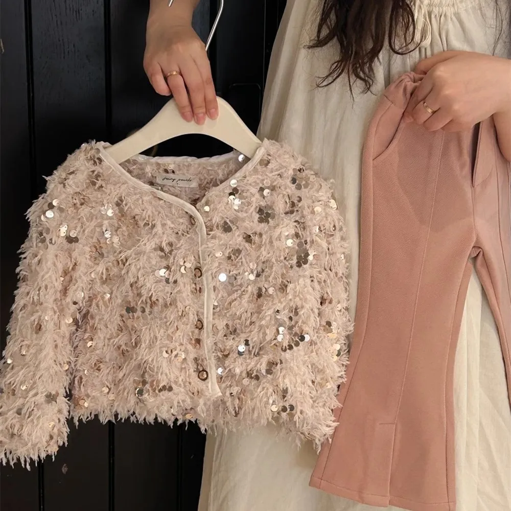Children Clothing Girls Coat Sequin Long Sleeve Top 2023 Spring and Autumn New Fashionable Casual Simple Princes Sweet Coat