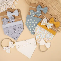 3Pcs/Set Muslin Cotton Baby Bib Newborn Bows Headband Triangle Print Saliva Towel Infant Boy Girl Feeding Burp Cloth Shower Gift