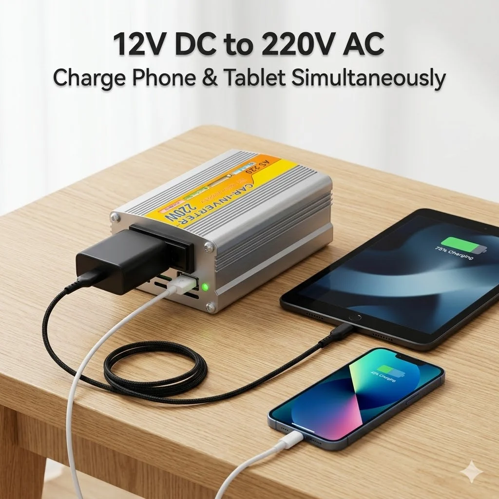 DC 12V to AC 220V car inverter 220W power converter with high power and USB port, suitable for charging mobile phones and comput