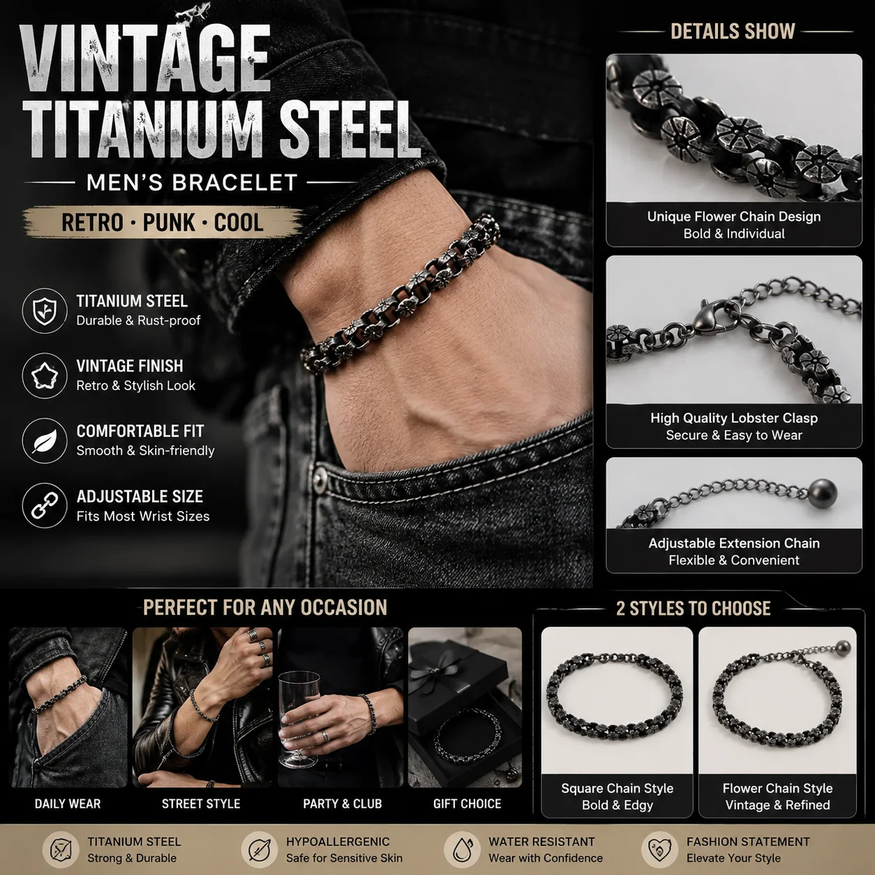 Titanium Steel Bracelet Men Vintage Distressed Hip Hop Punk Chain Jewelry Black Metal Wristband Fashion Accessories Trendy