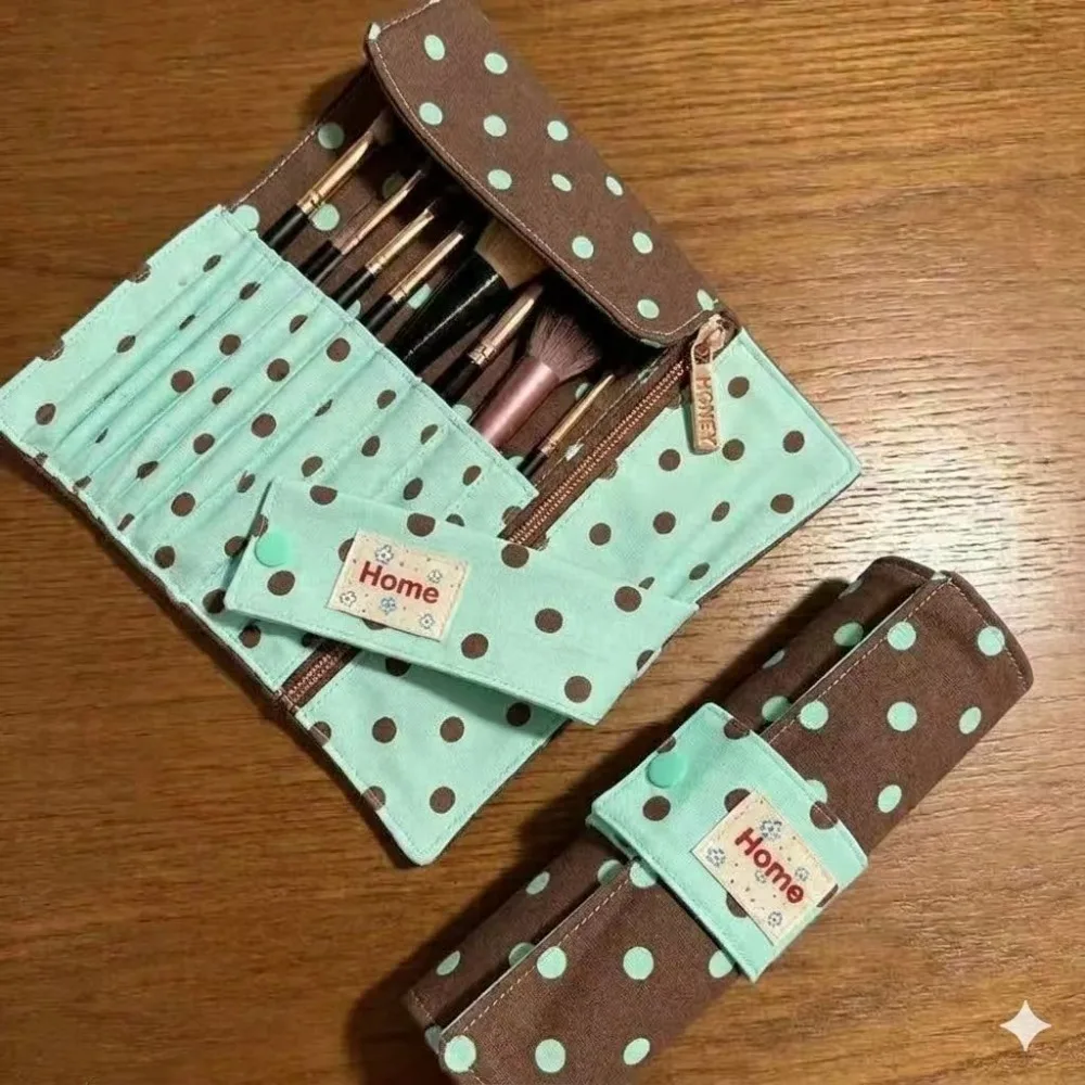 Cute Polka Dot Makeup Storage Bag 10 Slots Large Capacity Makeup Brush Bag Portable Canvas Makeup Tool Bag Multipurpose