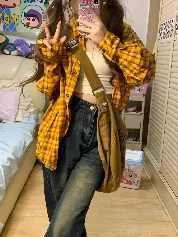 

Korean Style Fashion Plaid Color Blocking Polo Collar Women Shirts Spring Summer Vintage Casual Button Long Sleeve Top