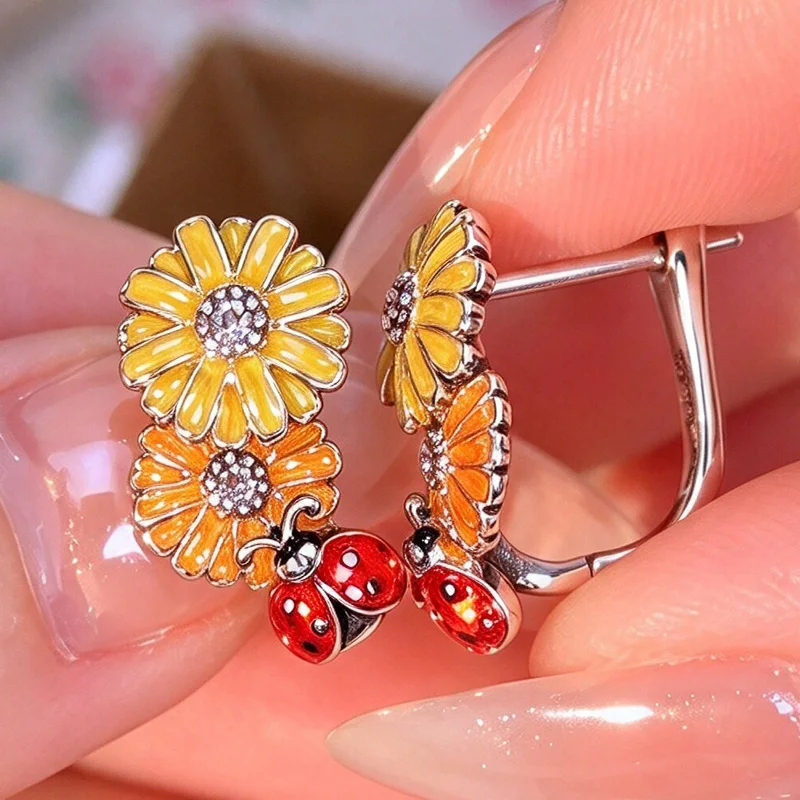 925 Sterling Silver Earrings Enamel Sunflower Ladybug Stud Earrings For Women Party Wedding Engagement Fashion Jewelry Gift