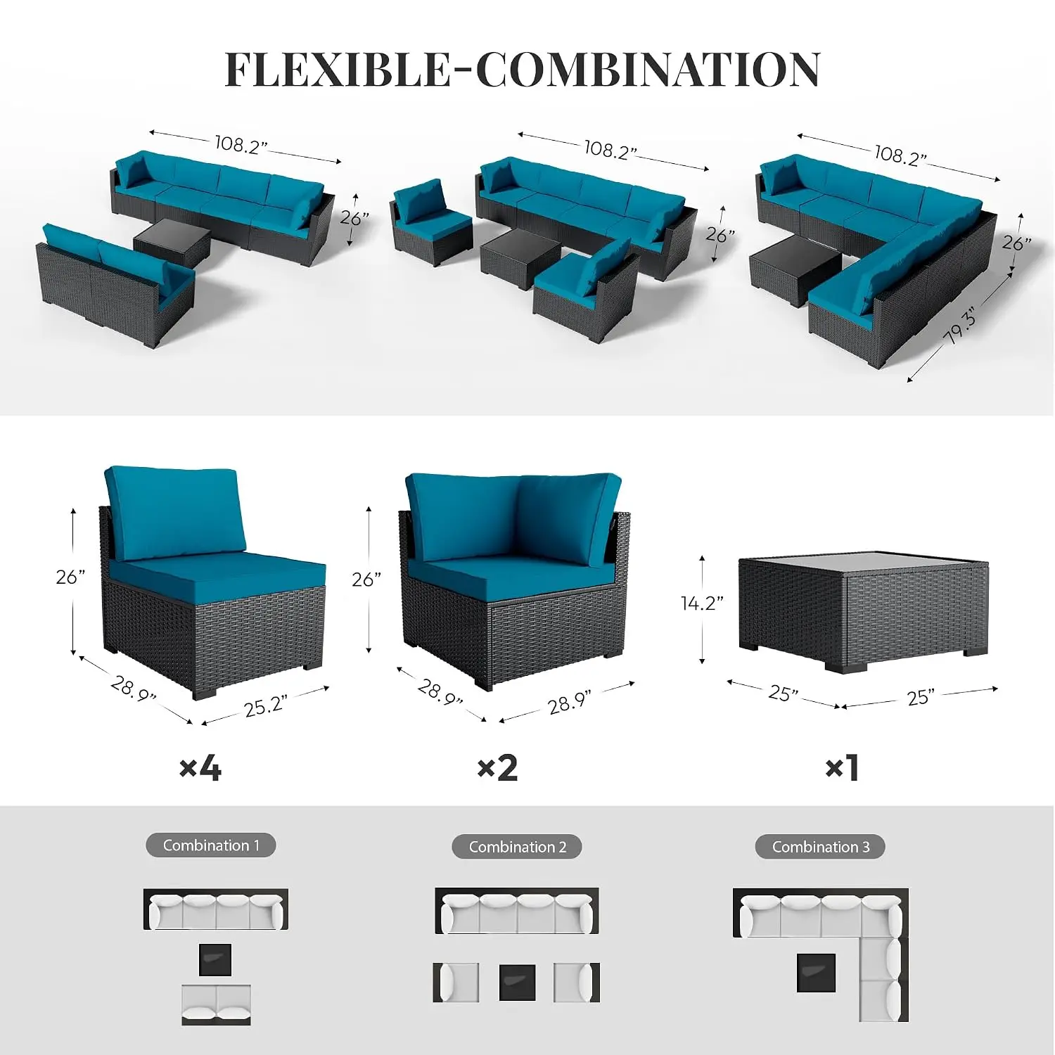 All-Weather Wicker Rattan Patio Furniture Set, Modular Sectional Sofa for Backyard Garden Poolside Balcony, Black/Blue, Customiz