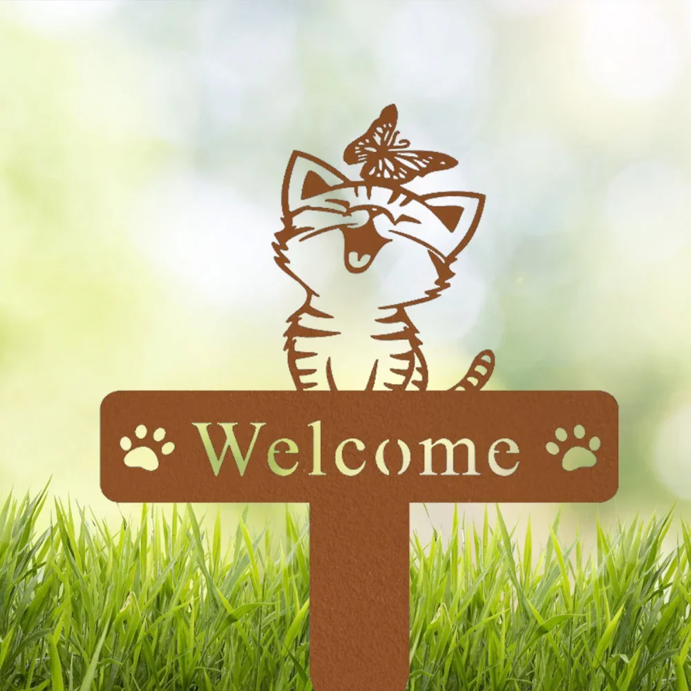 CIFBUY Metal Wall Art Cat Stake Butterfly Memorial for Home Garden Yard Decor Iron Hanging Signage Plaque Wall Sculpture  Accent