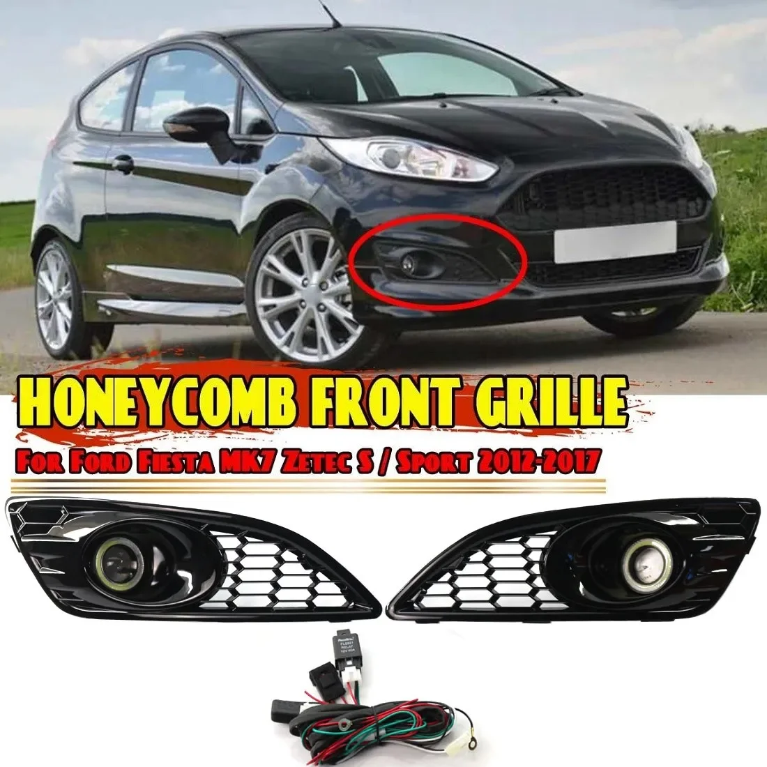 Pair Honeycomb Front Bumper Fog Light Grille Grill Fog Lamp With Wiring Harness For Ford For Fiesta MK7 Zetec S Sport 2012-2017