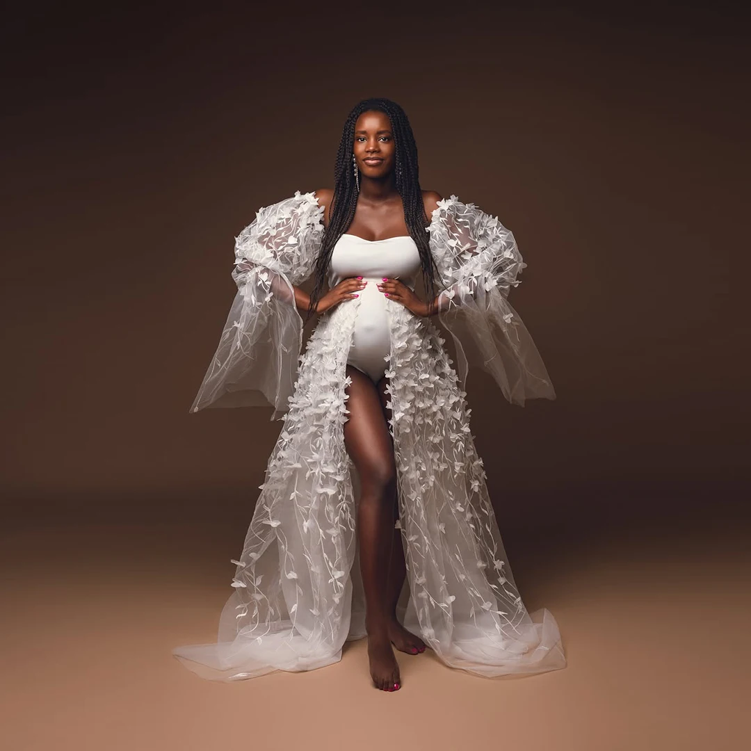 Sheer See Thru Illusion Umstandsroben 3D-Blumen Tüll Brautkleider Damen Langarm vorne offen Schwangerschaftsrock und Top