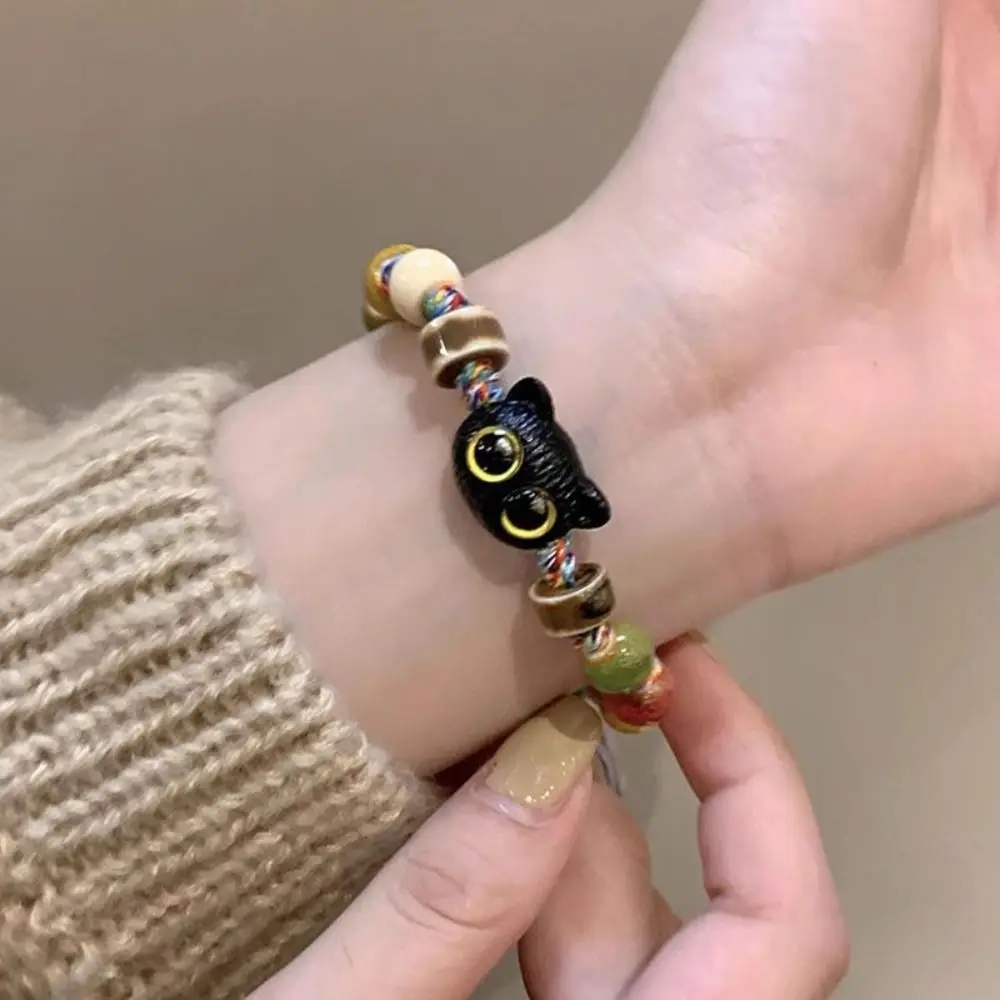 Ceramics Bead Black Cat Bracelet Skull Cat New Chinese Style Handmade Bead Bracelet Glass Colorful String Cartoon Hand Ring