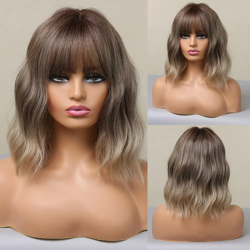 Women's Short Wavy Bob Synthetic Wig with Bangs, Brown