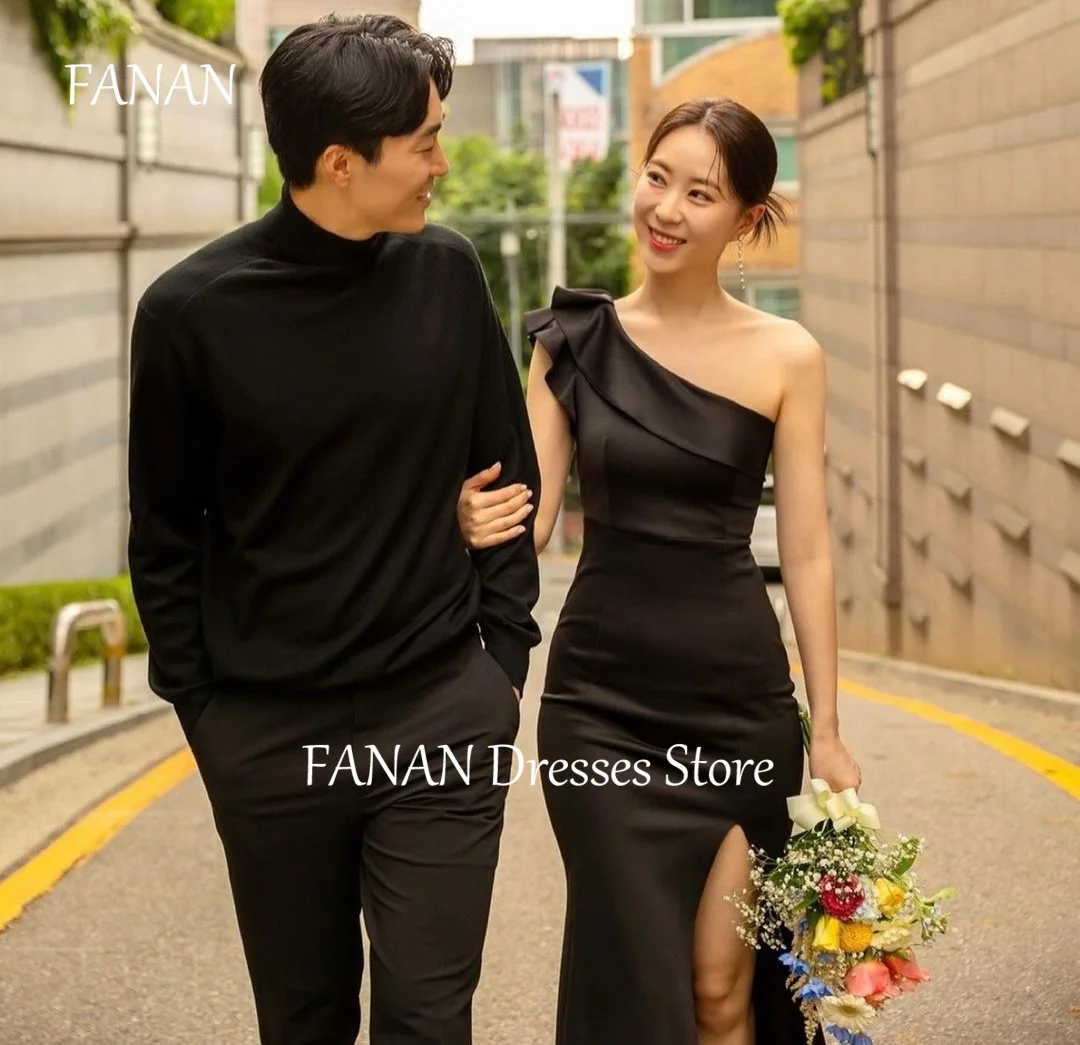 FANAN Satin One-Shoulder Side Slit Evening Party Dresses Korea Black Mermaid Simple Wedding Women Formal Gowns Event Prom Gowns