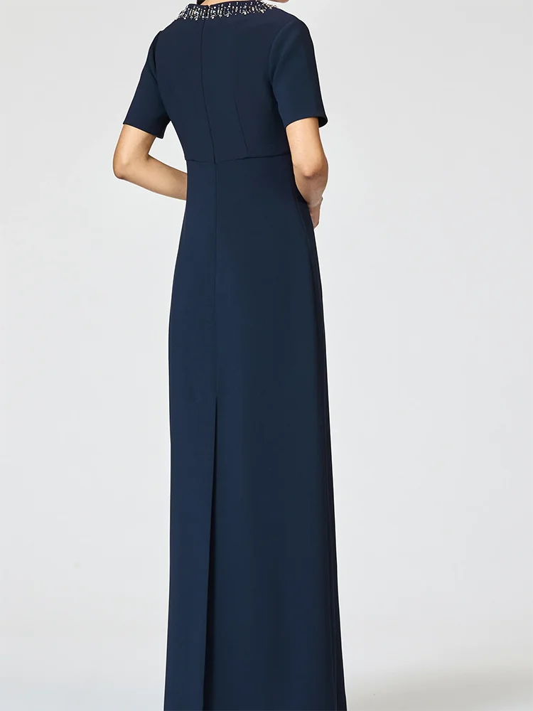 Classic Satin Beading Short Sleeve Simple Straight Mother Of The Bride Dresses Customized