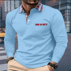 SpringAutumn męska koszulka Polo z długimi obciękami na co dzień koszulka sportowa czysty kolor czerwony kołnierz w kratę t-Shirt moda oddychająca męska costing