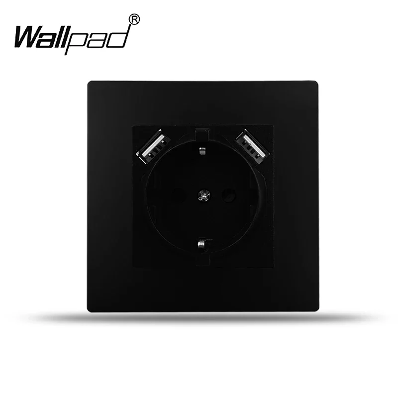 Matte Black EU Socket and Switch with LED Wallpad Plastic Light Curtain Fan Dimmer Cat6 Data French Tel USB TV Outlet Round Back