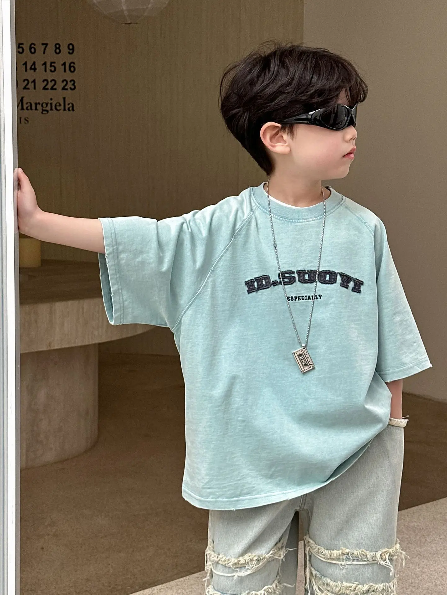 2026 Summer Collection Children's Short Sleeves Grinding Embroidered with Patchwork Fashion Stylish Half Sleeve T-shirt