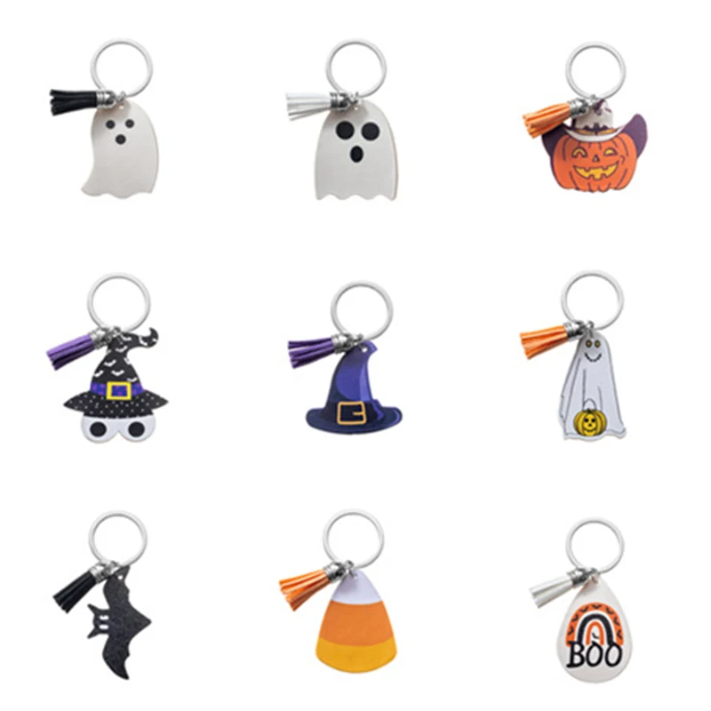 

Halloween PU Leather Keychain, Bat, Pumpkin Head, Witch Tassel Pendant, Fun And Spooky Bag Accessories, Halloween Themed Charms