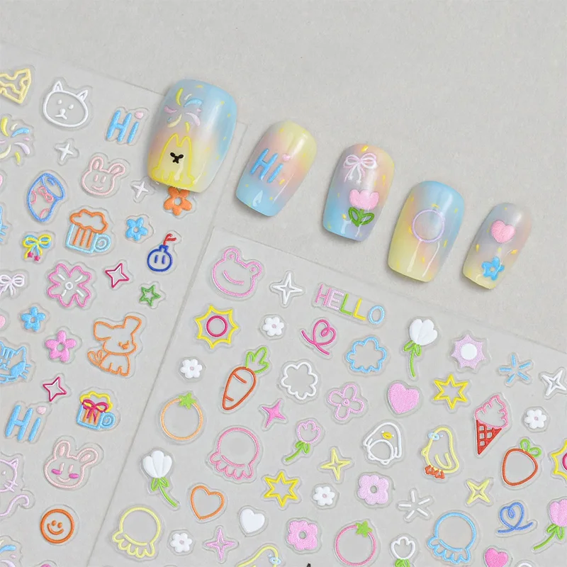 1pc Cartoon Animal Nail Stickers Cute Kawaii Flower Nail Art Decals Self Adhesive DIY Manicure Decorations