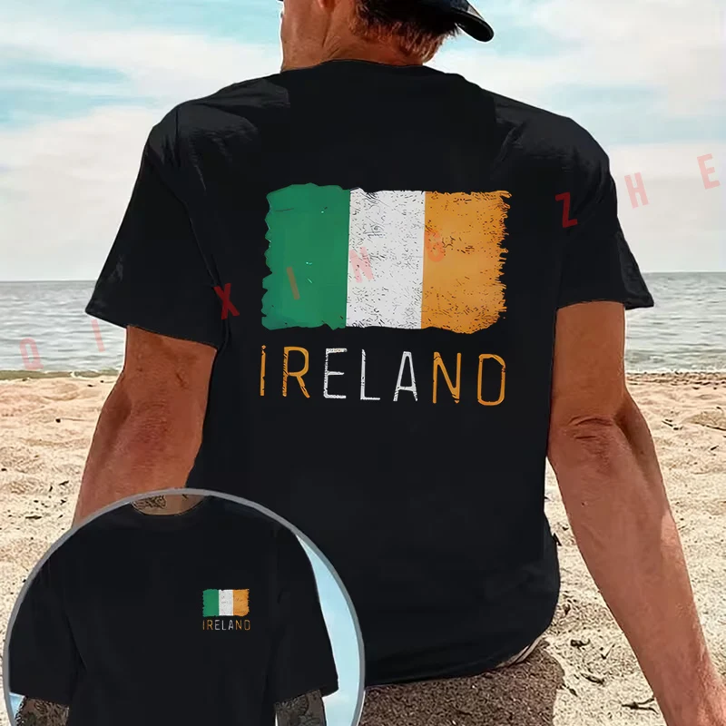 IRELAND Aged Flag Regional Creative design motorcycle T-Shirt Cotton Double-Sided Print Men‘s Short Sleeve Summer O-neck Tops