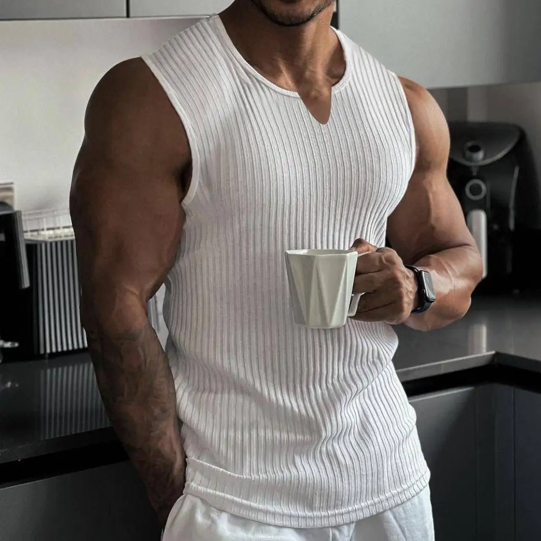 Summer Casual Stripe Men's Tank Top Sports Fitness V-neck Wide Shoulder T-shirt Standard Fit Straight Hem Youth Trend