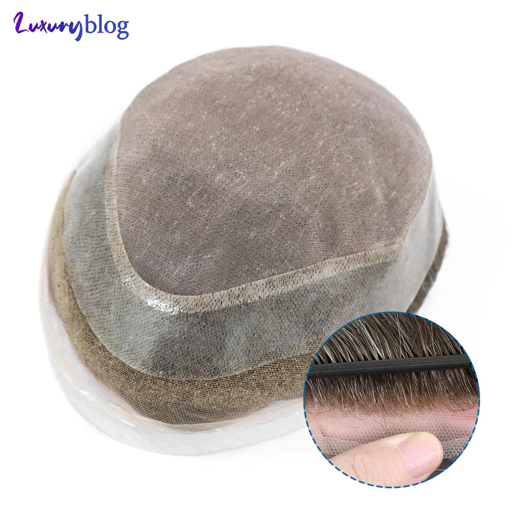 Swiss Lace Front Toupee for Men Human Hair Prosthesis Fine Mono+Pu Mens Wig Replacement System Brown 30mm Wave Hairpiece Unit